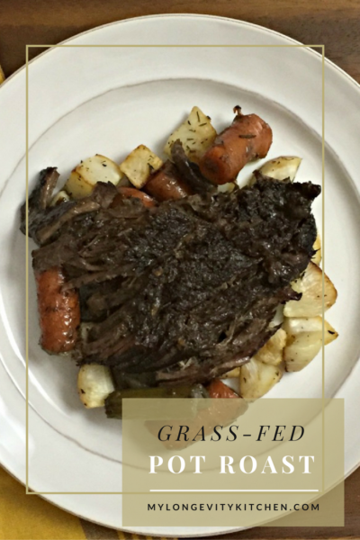 Grass-fed pot roast recipe for the whole family.  Paleo, Primal, Nutritious Recipe with winter root vegetables.  By Marisa Moon of My Longevity Kitchen