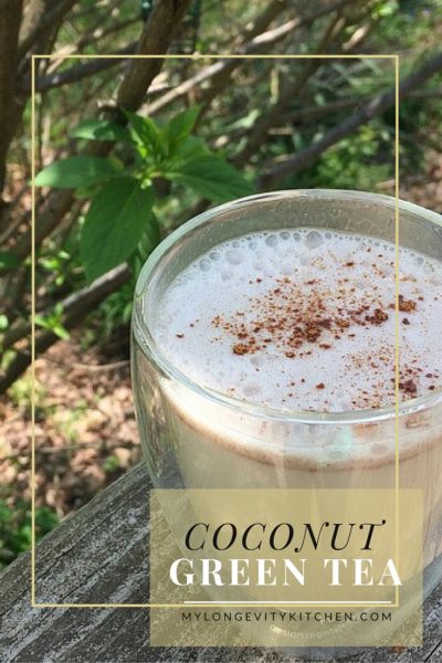 Coconut Green Tea made with coconut oil, cinnamon, and grass-fed vanilla whey protein. By Marisa Moon of My Longevity Kitchen
