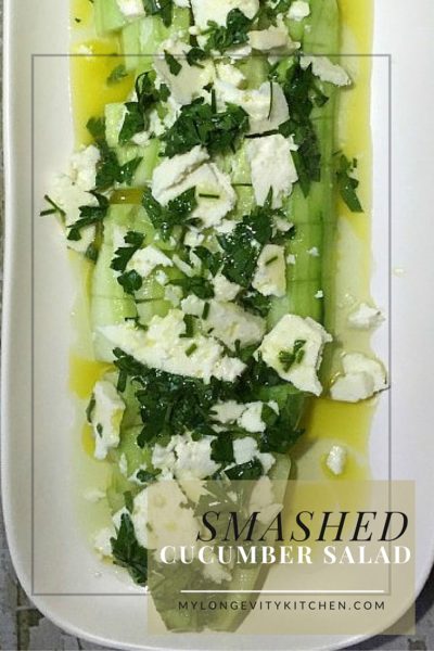 Smashed Cucumber Salad with Lemon, Parsley, and Raw Sheep Milk Feta Cheese.  By Marisa Moon of My Longevity Kitchen