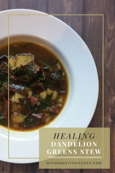 Healing Dandelion Greens Stew Recipe by My Longevity Kitchen. Made with nourishing bone broth, dried ancho chilies, potato, lemon, and optional parmigiano reggiano