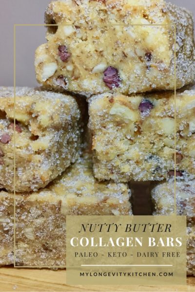 Nutty Butter Collagen Bars that are Paleo Dairy Free and Keto / Low Carb. By Marisa Moon of My Longevity Kitchen. 