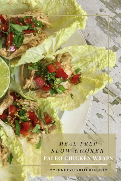 Slow Cooker Paleo Chicken Wraps with Thai Flavors, Napa Cabbage Cups, and Red Pepper Herb Salsa by Marisa Moon of My Longevity Kitchen