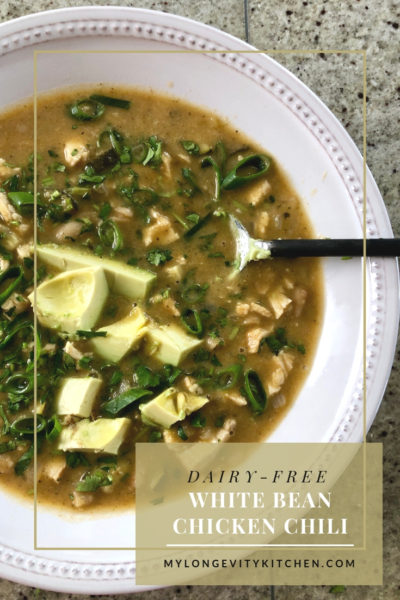 White Bean Chicken Chili, Dairy Free, Packed with Flavor and Nutrients, by Marisa Moon and MyLongevityKitchen
